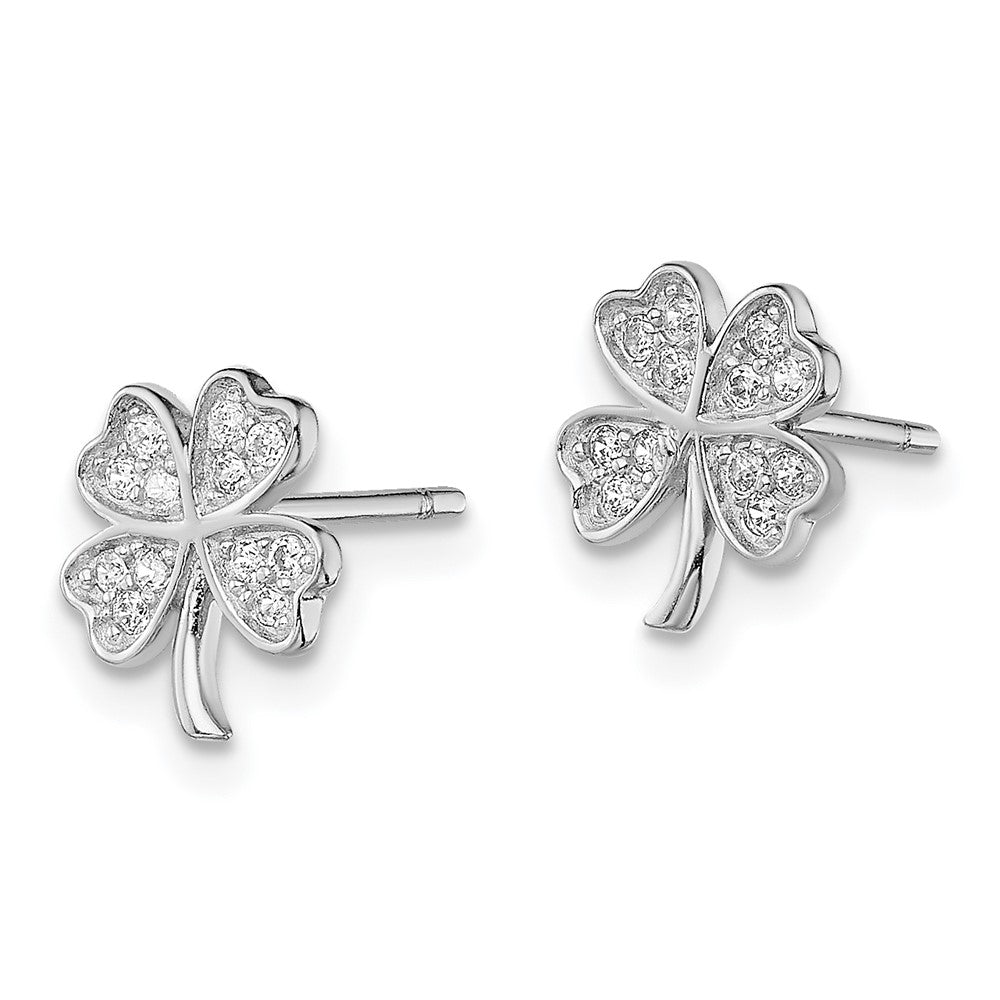 QE13367 Sterling Silver Rhodium-plated Polished CZ 4 Leaf Clover Post Earrings