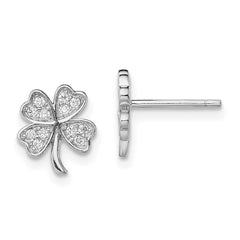 QE13367 Sterling Silver Rhodium-plated Polished CZ 4 Leaf Clover Post Earrings