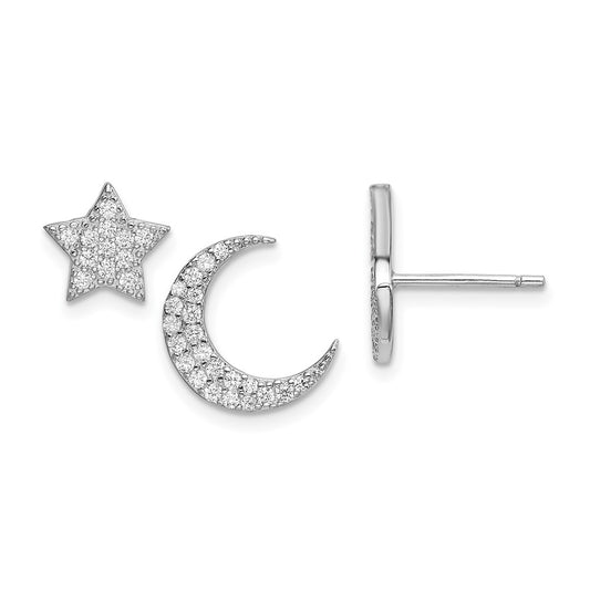 QE13379 Sterling Silver Rhodium-plated CZ Star and Moon Post Earrings