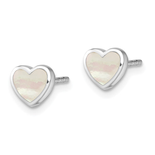 QE13392 Sterling Silver Rhodium-plated Mother of Pearl Heart Post Earrings