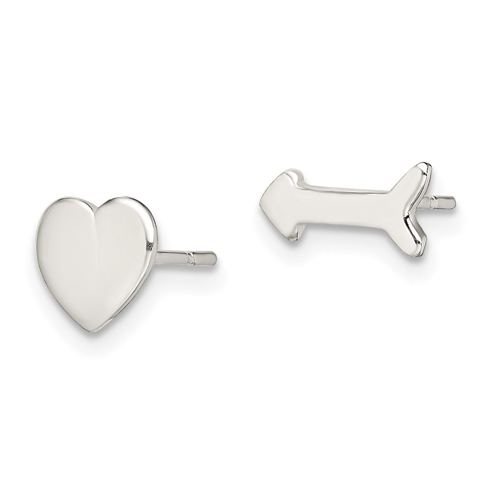 QE13418 Sterling Silver Polished Left and Right Heart/Arrow Post Earrings