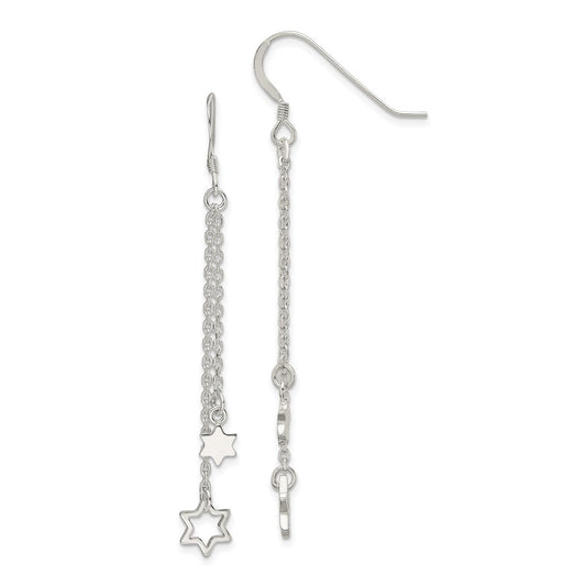 QE13454 Sterling Silver Polished Star of David Chain Dangle Earrings