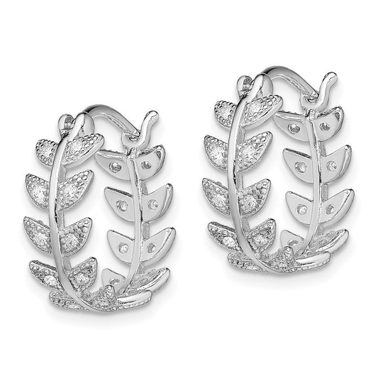 QE13476 Sterling Silver Rhodium-plated Micro Pav�� CZ Leaf Hoops