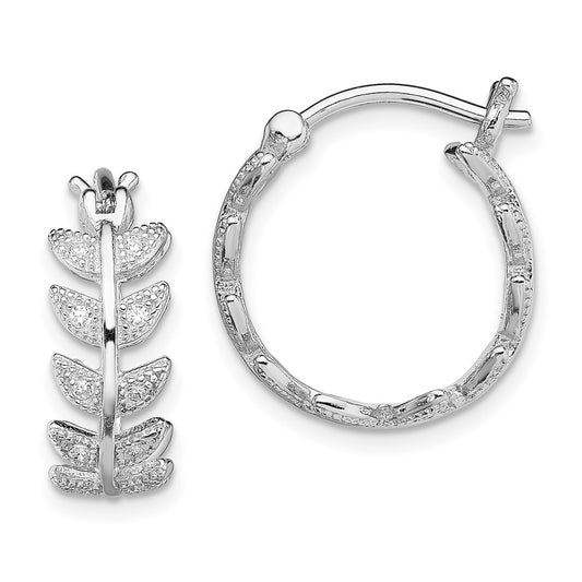 QE13476 Sterling Silver Rhodium-plated Micro Pav�� CZ Leaf Hoops