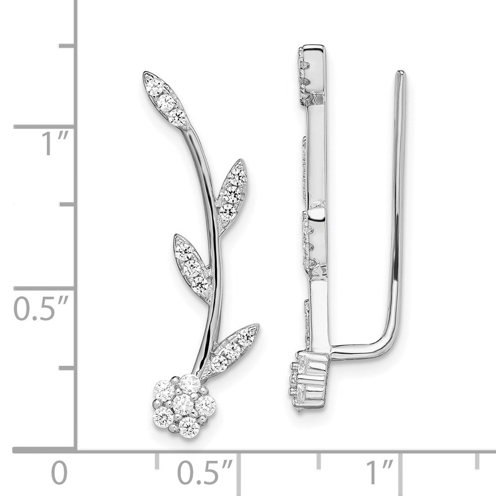 QE13481 Sterling Silver Rhodium-plated Polished CZ Flower w/Stem Ear Climber Earrin