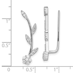 QE13481 Sterling Silver Rhodium-plated Polished CZ Flower w/Stem Ear Climber Earrin