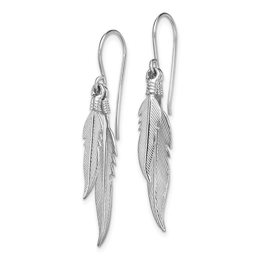 QE13482 Sterling Silver Rhodium-plated Polished Feathers Dangle Earrings