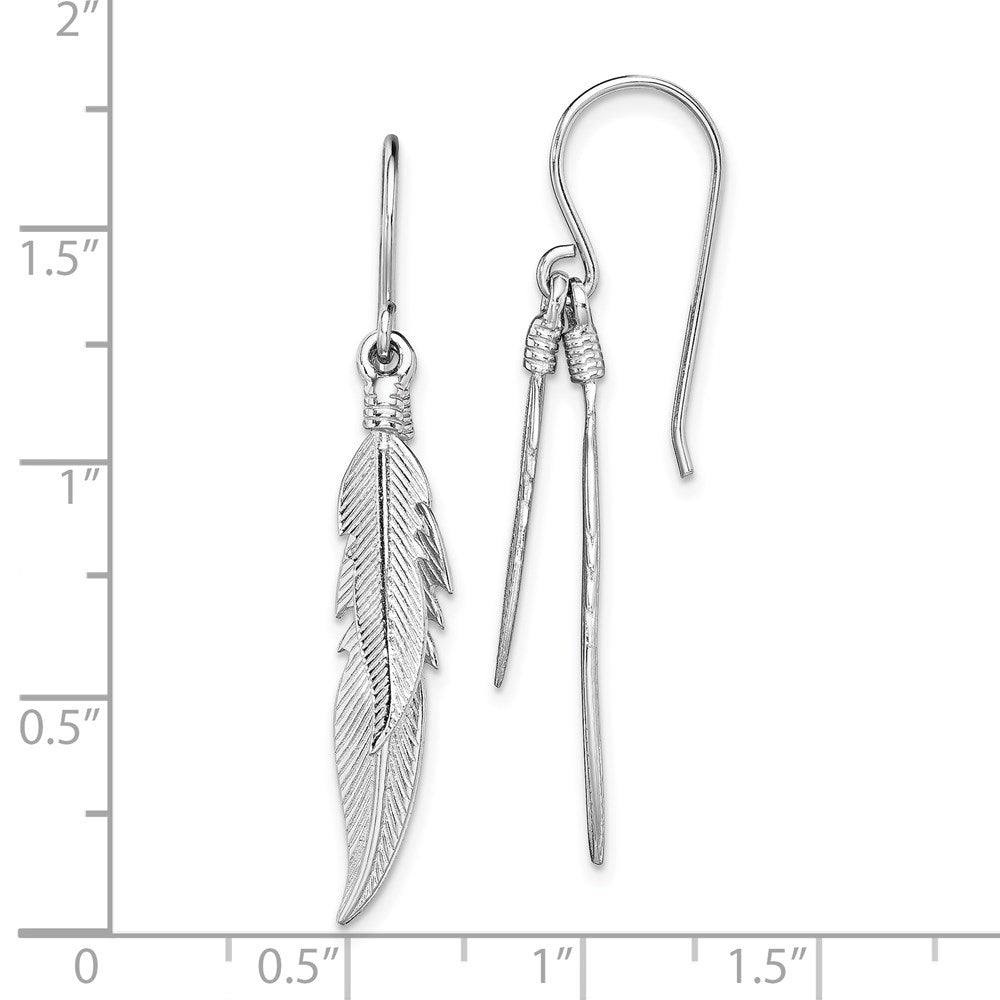 QE13482 Sterling Silver Rhodium-plated Polished Feathers Dangle Earrings