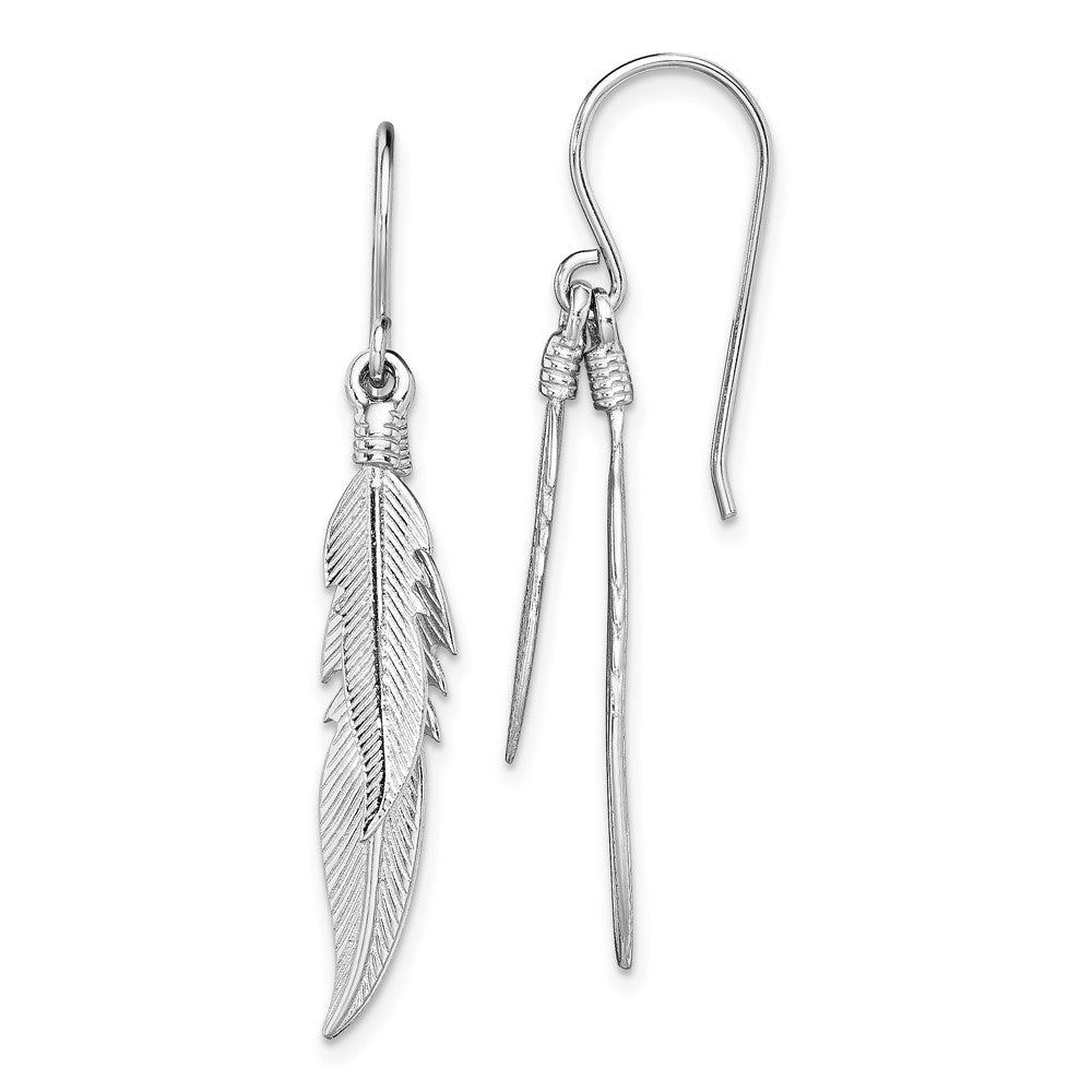 QE13482 Sterling Silver Rhodium-plated Polished Feathers Dangle Earrings