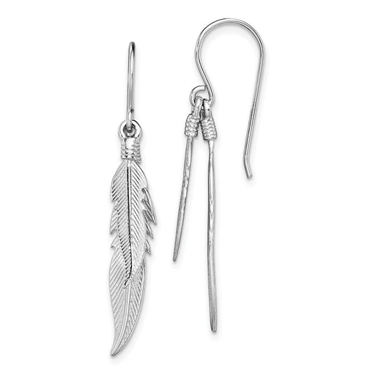 QE13482 Sterling Silver Rhodium-plated Polished Feathers Dangle Earrings