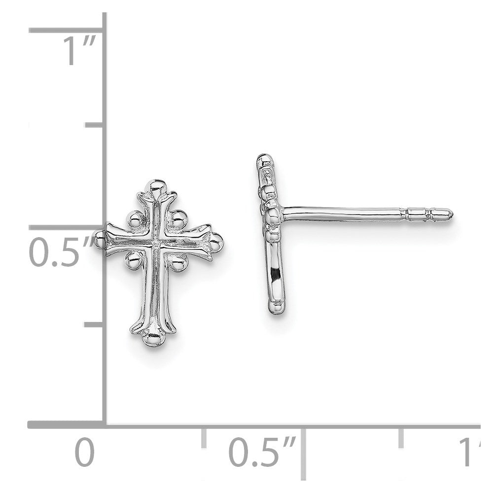 QE13488 Sterling Silver RH-pltd Polished Textured Budded Cross Post Earrings