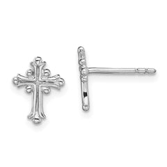 QE13488 Sterling Silver RH-pltd Polished Textured Budded Cross Post Earrings