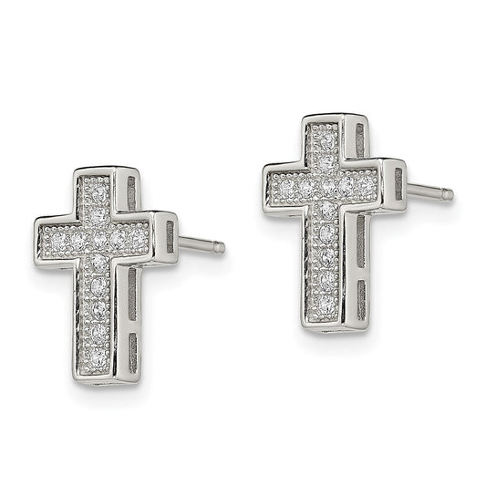 QE13489 Sterling Silver Rhodium-plated CZ Cross Post Earrings
