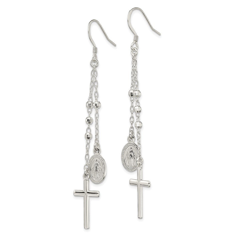 QE13492 Sterling Silver Polished Miraculous Medal & Latin Cross Beaded Multi-Strand Dangle Earrings