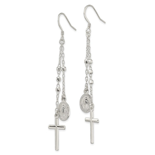 QE13492 Sterling Silver Polished Miraculous Medal & Latin Cross Beaded Multi-Strand Dangle Earrings