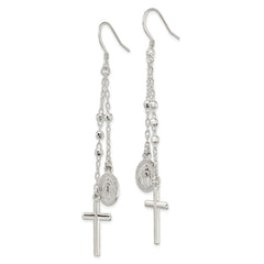 QE13492 Sterling Silver Polished Miraculous Medal & Latin Cross Beaded Multi-Strand Dangle Earrings
