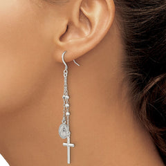 QE13492 Sterling Silver Polished Miraculous Medal & Latin Cross Beaded Multi-Strand Dangle Earrings