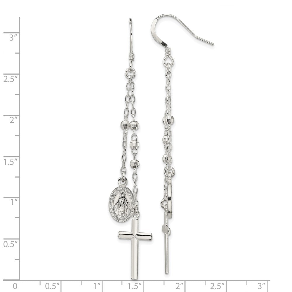 QE13492 Sterling Silver Polished Miraculous Medal & Latin Cross Beaded Multi-Strand Dangle Earrings
