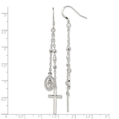 QE13492 Sterling Silver Polished Miraculous Medal & Latin Cross Beaded Multi-Strand Dangle Earrings