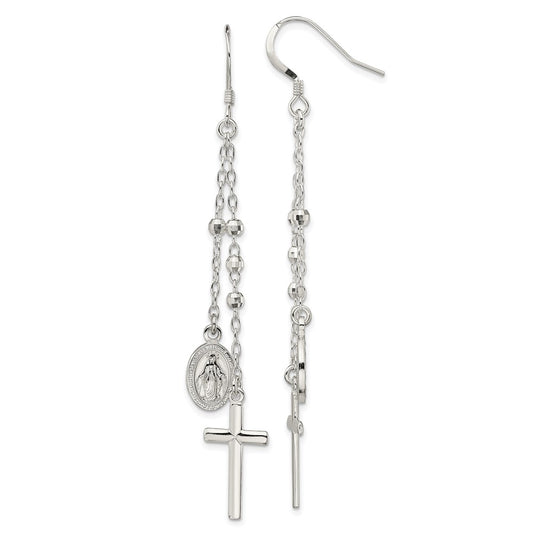 QE13492 Sterling Silver Polished Miraculous Medal & Latin Cross Beaded Multi-Strand Dangle Earrings