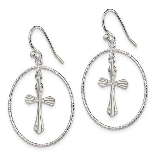 QE13510 Sterling Silver Polished & Diamond-cut Cross Circle Dangle Earrings