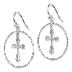 QE13510 Sterling Silver Polished & Diamond-cut Cross Circle Dangle Earrings