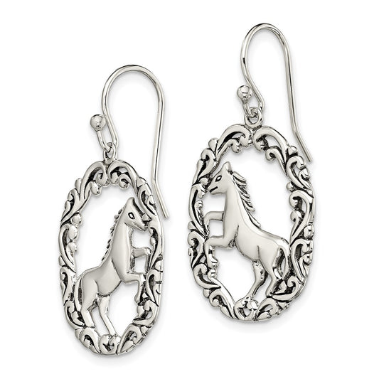 QE13513 Sterling Silver Antiqued Horse Dangle Shepherds Hook Earrings
