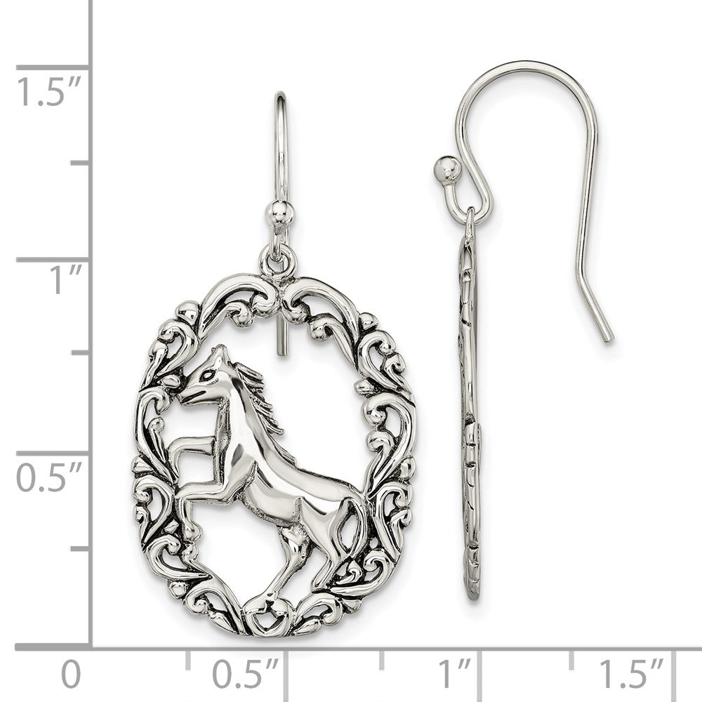 QE13513 Sterling Silver Antiqued Horse Dangle Shepherds Hook Earrings