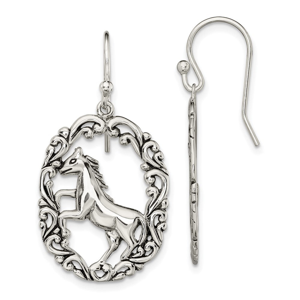 QE13513 Sterling Silver Antiqued Horse Dangle Shepherds Hook Earrings