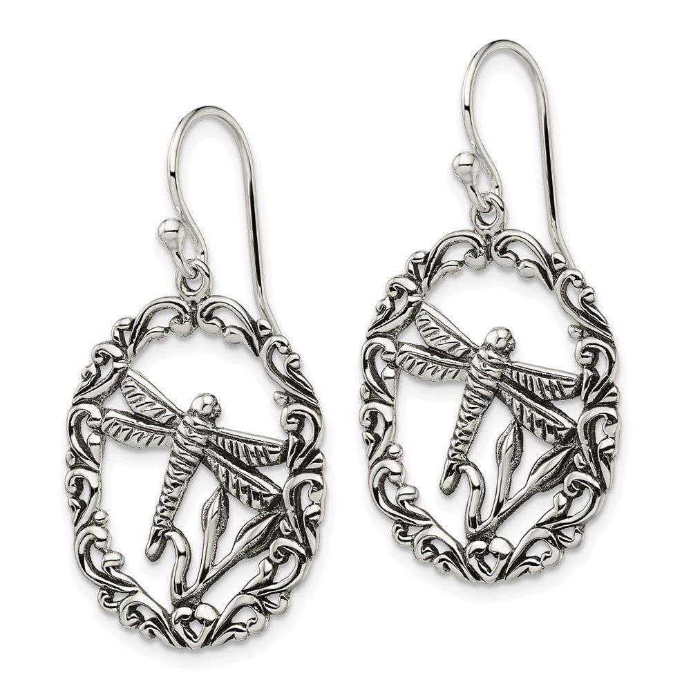 QE13515 Sterling Silver Antiqued Dragonfly Dangle Shepherds Hook Earrings