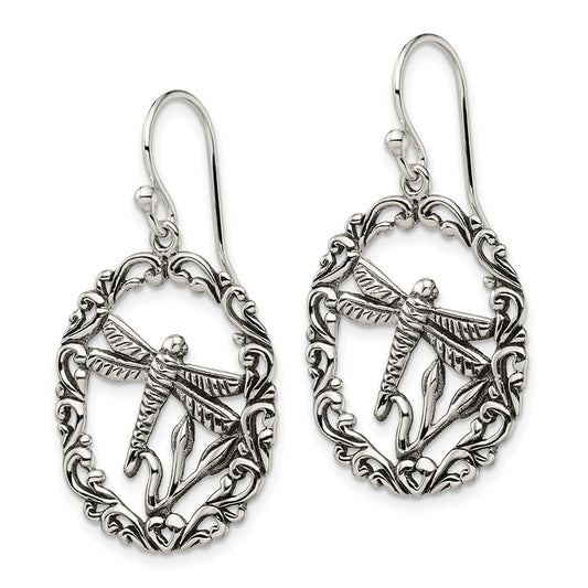 QE13515 Sterling Silver Antiqued Dragonfly Dangle Shepherds Hook Earrings