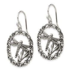 QE13515 Sterling Silver Antiqued Dragonfly Dangle Shepherds Hook Earrings