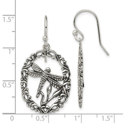 QE13515 Sterling Silver Antiqued Dragonfly Dangle Shepherds Hook Earrings