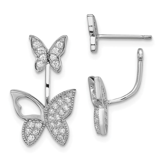 QE13530 Sterling Silver Rhodium-plated CZ Butterfly Front and Back Earrings