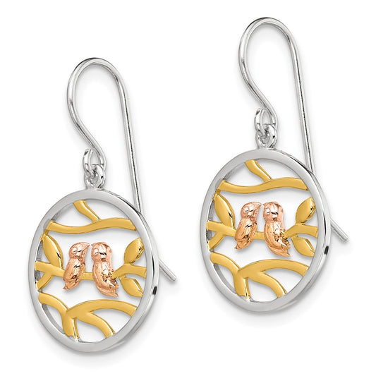 QE13539 Sterling Silver Rhodium Rose-/Gold-tone Birds on Branches Earrings