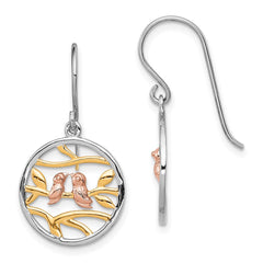 QE13539 Sterling Silver Rhodium Rose-/Gold-tone Birds on Branches Earrings