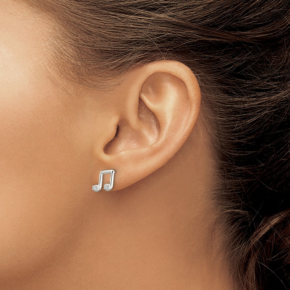 QE13543 Sterling Silver Polished CZ Musical Notes Post Earrings
