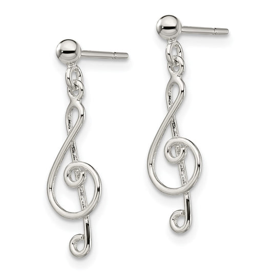 QE13546 Sterling Silver Polished Treble Clef Post Dangle Earrings