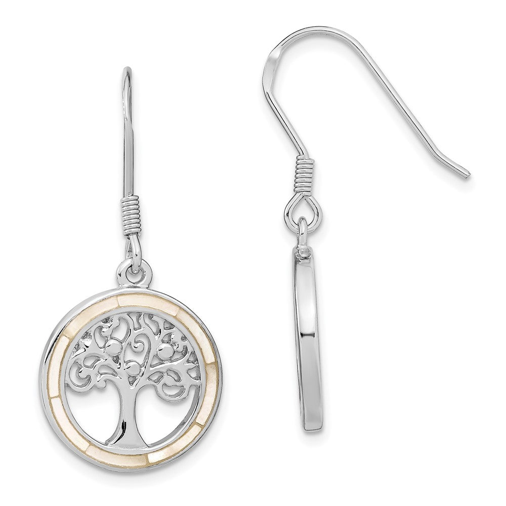 QE13560 Sterling Silver Rhodium-plated White MOP Tree of Life Earrings