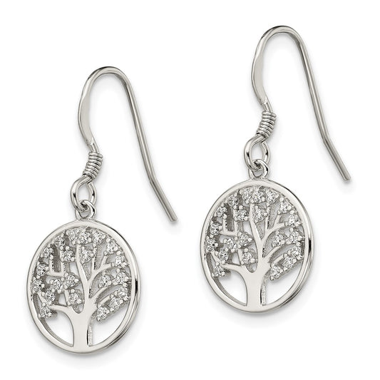 QE13562 Sterling Silver Rhod-pltd CZ Tree of Life Dangle Shepherd Hook Earrings