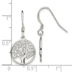 QE13562 Sterling Silver Rhod-pltd CZ Tree of Life Dangle Shepherd Hook Earrings