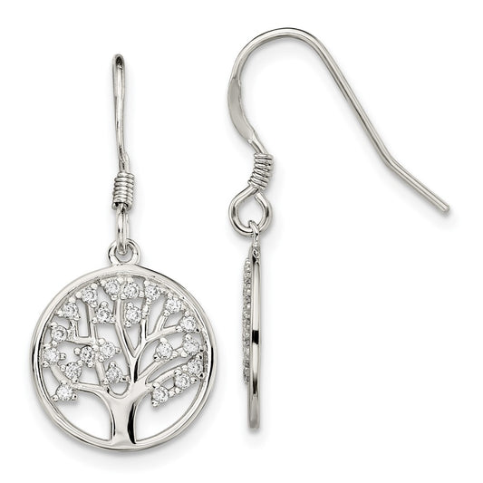 QE13562 Sterling Silver Rhod-pltd CZ Tree of Life Dangle Shepherd Hook Earrings