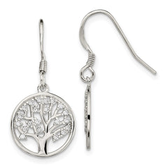 QE13562 Sterling Silver Rhod-pltd CZ Tree of Life Dangle Shepherd Hook Earrings