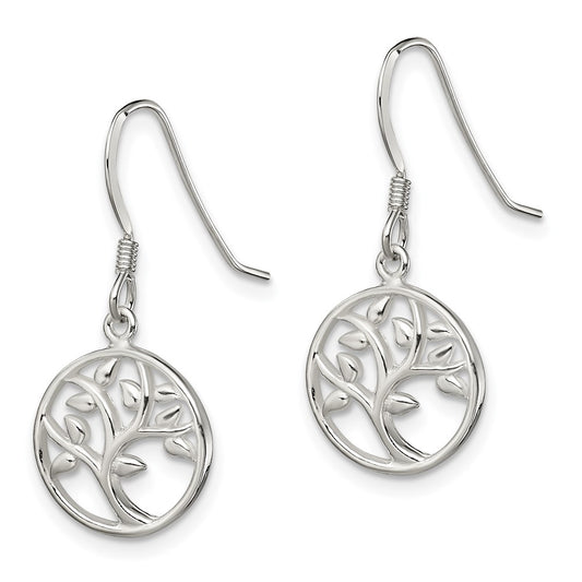 QE13563 Sterling Silver Polished Tree Dangle Shepherd Hook Earrings