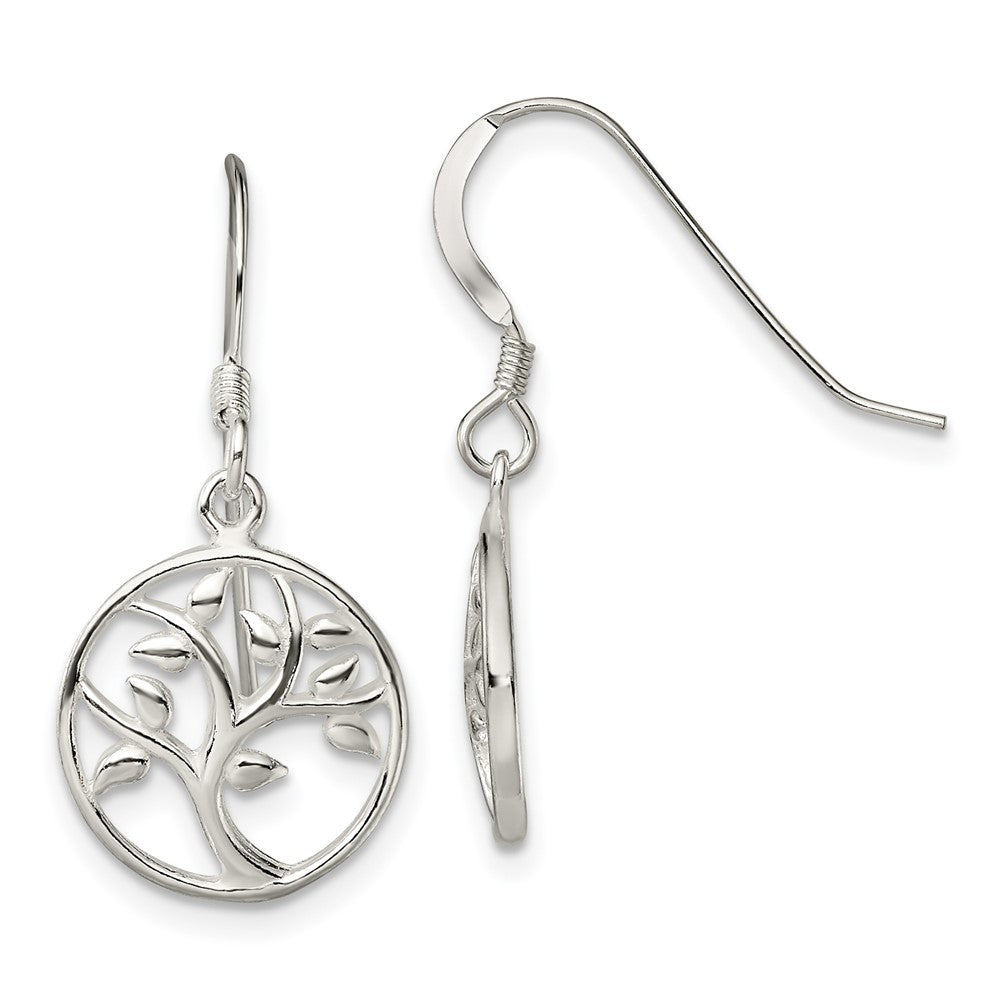 QE13563 Sterling Silver Polished Tree Dangle Shepherd Hook Earrings