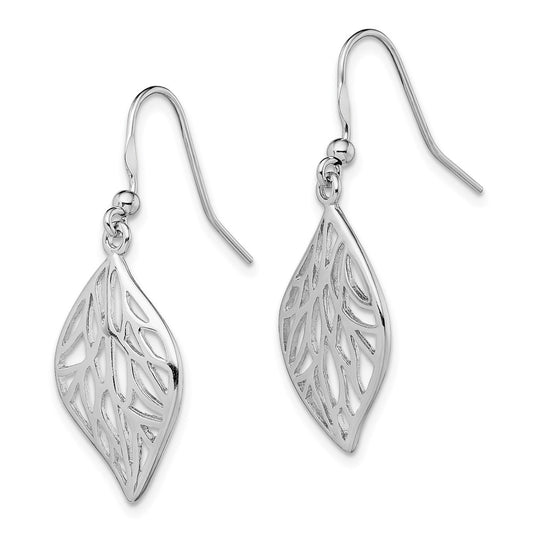 QE13564 Sterling Silver Rhodium-plated Leaf Polished Dangle Earrings