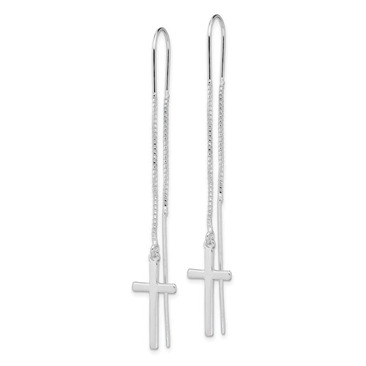 QE13600 Sterling Silver Rhodium-plated Polished Latin Cross Threader Earrings