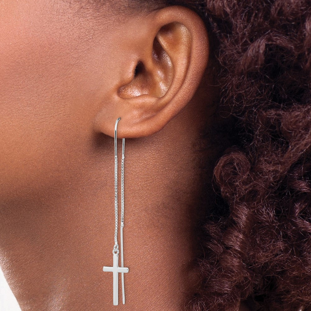 QE13600 Sterling Silver Rhodium-plated Polished Latin Cross Threader Earrings