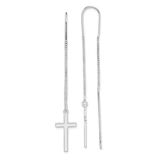 QE13600 Sterling Silver Rhodium-plated Polished Latin Cross Threader Earrings