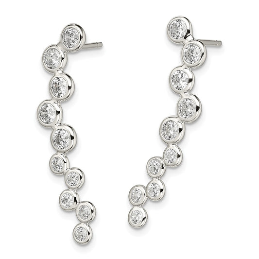 QE13644 Sterling Silver Rhod-plated Polished Bezel CZ Post Ear Climber Earrings